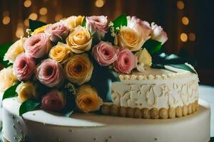 ein Hochzeit Kuchen mit Rosa und Gelb Rosen. KI-generiert foto