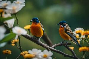 zwei Vögel Sitzung auf ein Ast mit Blumen. KI-generiert foto