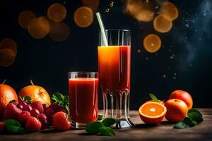 ein Glas von Orange Saft und Obst auf ein Tisch. KI-generiert foto