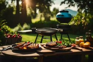 Grill und Essen auf ein Tabelle im das Garten. KI-generiert foto