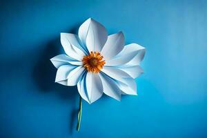 ein Weiß Papier Blume auf ein Blau Hintergrund. KI-generiert foto