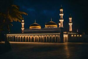 das Moschee beim Nacht mit das Beleuchtung An. KI-generiert foto