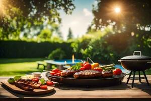 gegrillt Fleisch und Gemüse auf ein Tabelle im das Hinterhof. KI-generiert foto