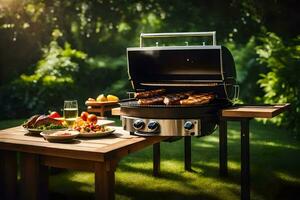 ein Grill mit Essen auf es Sitzung auf ein Tisch. KI-generiert foto