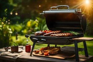 ein Grill Grill mit Essen auf es im das Garten. KI-generiert foto