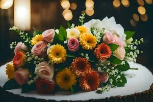 ein Strauß von Blumen Sitzung auf ein Tisch. KI-generiert foto