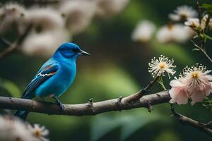 ein Blau Vogel ist thront auf ein Ast mit Blumen. KI-generiert foto