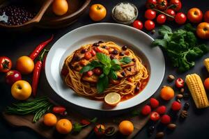 Spaghetti mit Tomate Soße und Gemüse auf ein schwarz Hintergrund. KI-generiert foto