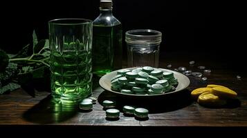 Tabletten Tablets verschütten auf Holz Tisch. erstellt mit generativ ai foto