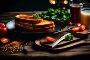 Toast mit Tomate, Käse und Gewürze auf ein schwarz Platte. KI-generiert foto