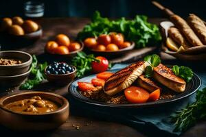 ein Tabelle mit Essen und Schalen von Lebensmittel. KI-generiert foto