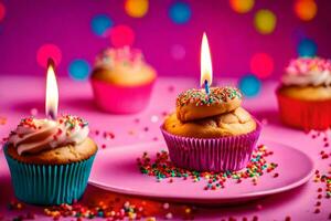 Cupcakes mit Kerzen auf ein Rosa Platte. KI-generiert foto