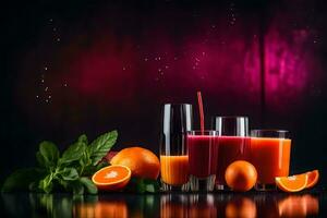 Orange Saft und frisch Obst auf ein schwarz Hintergrund. KI-generiert foto