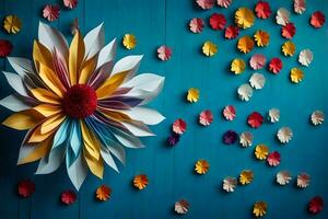 ein bunt Papier Blume auf ein Blau Mauer. KI-generiert foto