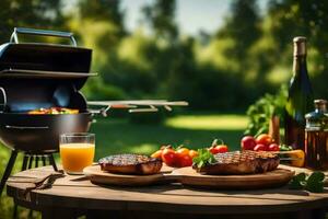 gegrillt Steak und Gemüse auf ein Tabelle mit ein Flasche von Wein. KI-generiert foto