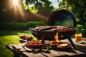 ein Grill Grill mit Essen auf Es. KI-generiert foto