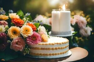 ein Kuchen mit Blumen und Kerzen auf ein Tisch. KI-generiert foto
