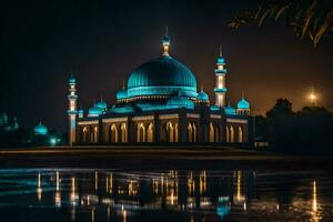 das Moschee beim Nacht mit Blau Beleuchtung. KI-generiert foto