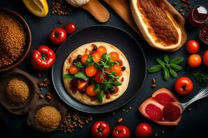 ein Teller mit Essen auf Es, einschließlich brot, Tomaten, und Gewürze. KI-generiert foto