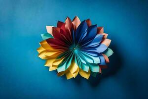 ein bunt Origami Blume auf ein Blau Mauer. KI-generiert foto