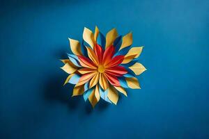 ein bunt Origami Blume auf ein Blau Hintergrund. KI-generiert foto