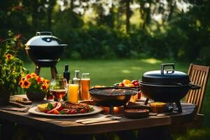 Grill Grill und Essen auf draussen Tisch. KI-generiert foto