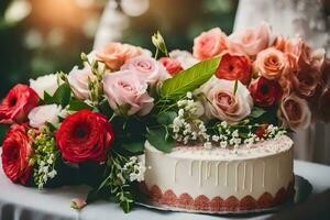 ein Hochzeit Kuchen mit Blumen auf oben. KI-generiert foto