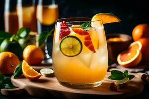 ein Glas von Orange Saft mit frisch Obst und Kalk. KI-generiert foto
