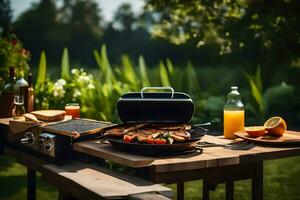 ein Grill auf ein Tabelle mit Essen und Getränke. KI-generiert foto