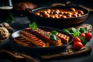 gegrillt Lachs mit Tomaten und Bohnen auf ein schwarz Hintergrund. KI-generiert foto