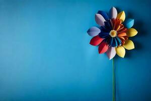 ein bunt Papier Blume auf ein Blau Hintergrund. KI-generiert foto