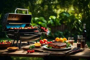 ein Grill mit Essen auf es und ein Flasche von Wein. KI-generiert foto