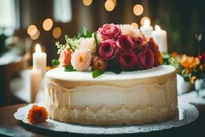 ein Hochzeit Kuchen mit Blumen auf oben. KI-generiert foto