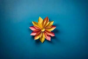 ein bunt Origami Blume auf ein Blau Hintergrund. KI-generiert foto