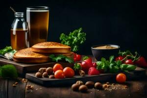 ein Teller mit brot, Gemüse und ein Glas von Bier. KI-generiert foto