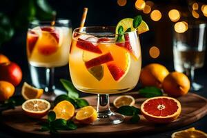 zwei Brille von Orange und Zitrone trinken mit Beilagen. KI-generiert foto