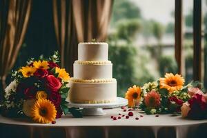 ein Hochzeit Kuchen mit Blumen auf ein Tisch. KI-generiert foto