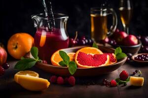 Obst Saft im ein Schüssel mit Orangen, Äpfel und Beeren. KI-generiert foto