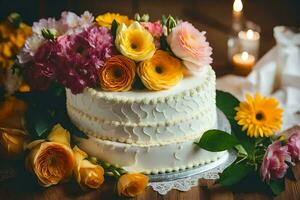 ein Weiß Kuchen mit bunt Blumen auf oben. KI-generiert foto