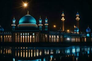 das Nacht Himmel ist reflektiert im das Wasser beim Nacht. KI-generiert foto