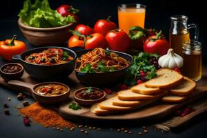 Spaghetti mit Tomate Soße, brot, Gemüse und Gewürze auf ein hölzern Tafel. KI-generiert foto