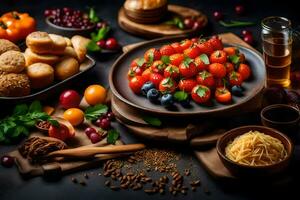 ein Vielfalt von Lebensmittel einschließlich brot, Käse, Tomaten und Nüsse. KI-generiert foto