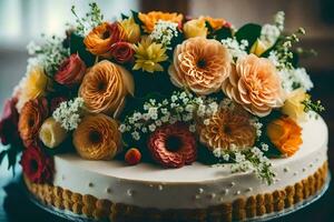 ein Kuchen mit Blumen auf oben von Es. KI-generiert foto