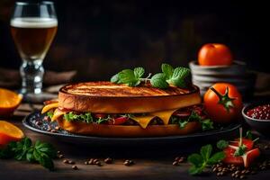 das gegrillt Käse Sandwich mit Tomate, Kopfsalat, Käse und Kräuter ist serviert mit ein Glas von Bier. KI-generiert foto