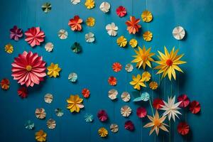bunt Papier Blumen auf ein Blau Mauer. KI-generiert foto