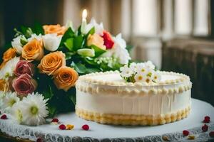 ein Kuchen mit Blumen und Kerzen auf ein Tisch. KI-generiert foto