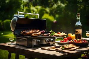 ein Grill mit Essen und Wein auf Es. KI-generiert foto