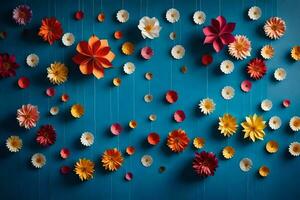 ein Mauer mit bunt Papier Blumen hängend von Es. KI-generiert foto