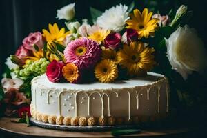 ein Weiß Kuchen mit Blumen auf oben. KI-generiert foto