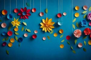 bunt Papier Blumen hängend von Saiten auf ein Blau Mauer. KI-generiert foto
